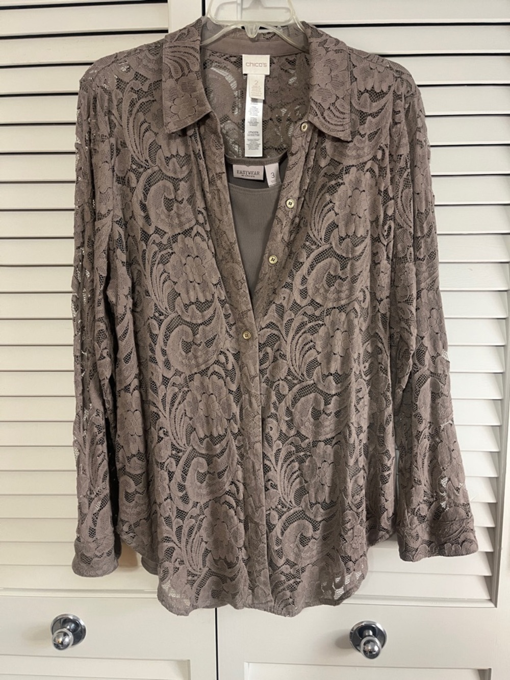 Chico's Taupe Lace Button-Front Blouse with Easy Wear Tank